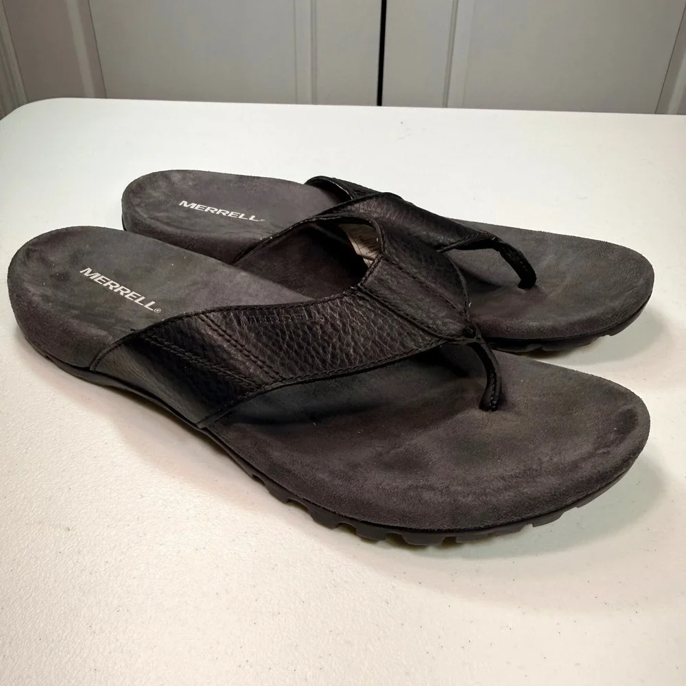 Merrell Mens Black Leather Flip Flop Sandals Performance Air Cushion Size 12